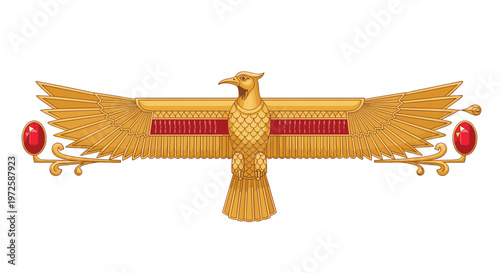 A majestic golden Egyptian winged sun ornament showcases intricate feather details and vibrant red gemstone accents against a clean white background for a regal look.