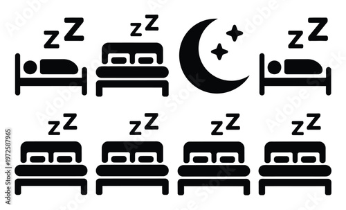 Of beds with sleeping people, moon, stars, and Zzz symbols