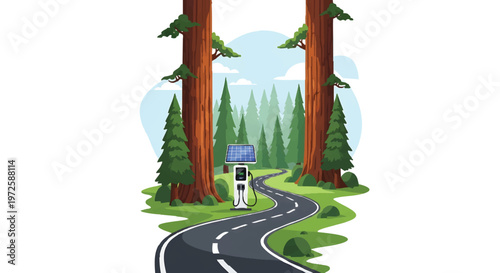 cartoon road winding through forest with trees and campervan