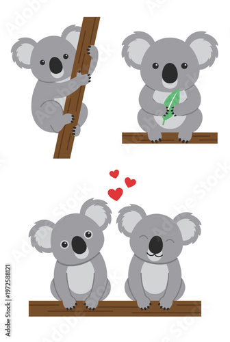 Set of Cute Koala Characters Climbing Tree and Eating Leaf, Kawaii Australian Animal Illustrations for Nursery Decor and Educational Content