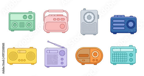 Vintage and Modern Radio Receiver Set, Colorful Portable Audio Equipment Icons for Music, News Broadcasting and Retro Media Technology Design
