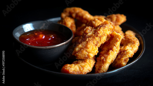 Crispy fried chicken strips with dipping sauce on plate