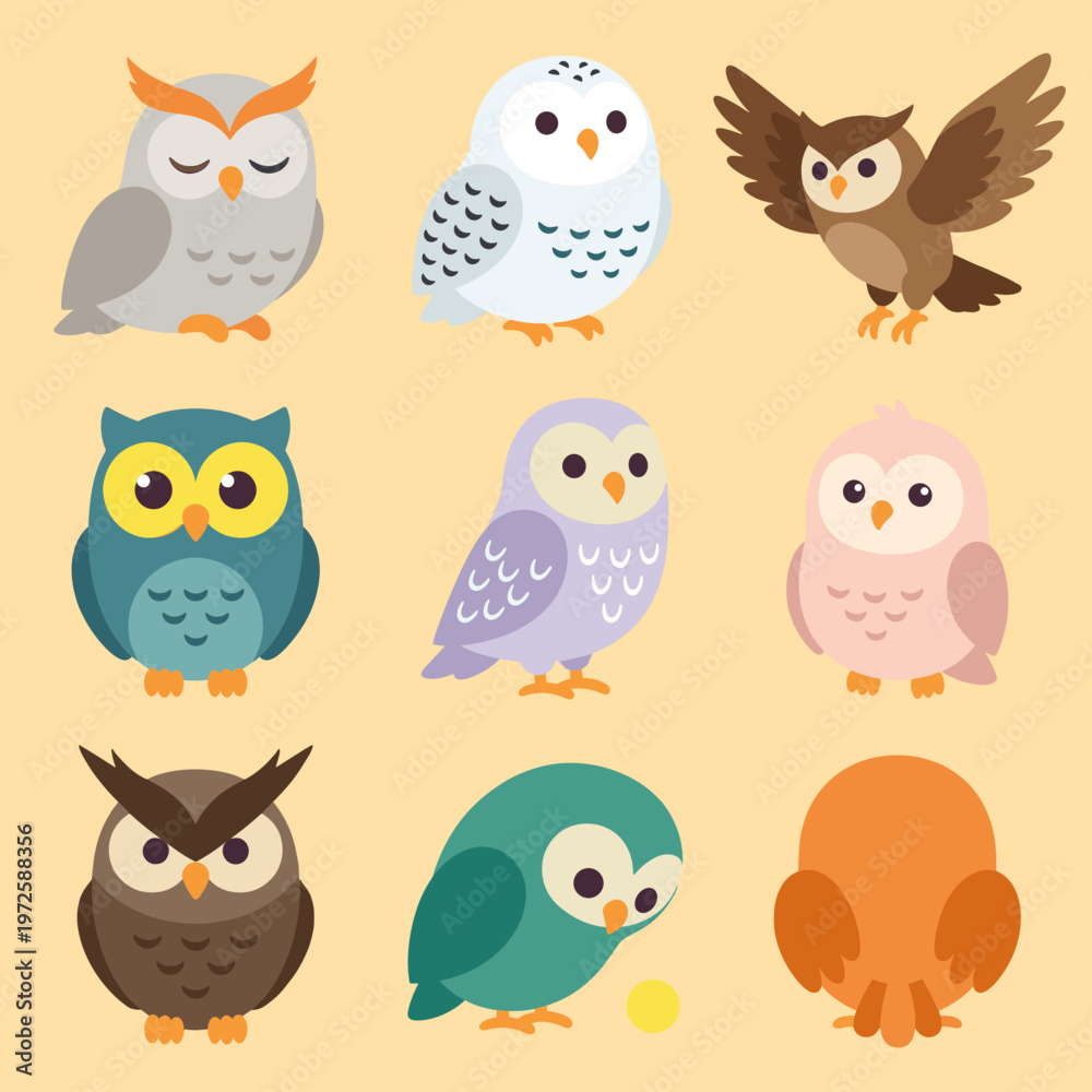 Fototapeta premium Different Species of Owls Cartoon Character Set, Cute Bird Icons in Various Colors and Actions Including Flying and Sitting for Wildlife Concept