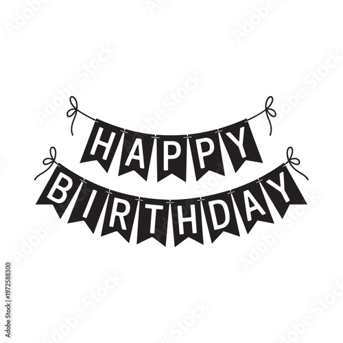 Black and white happy birthday banner with pennant flags illustration