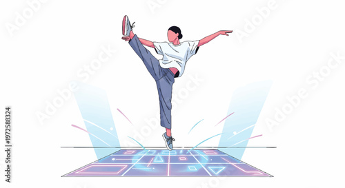 Young man dancing on a colorful dance floor with dynamic movement