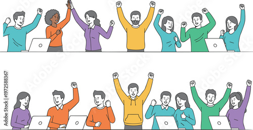 Diverse office team people celebrating success at work with laptops minimalist line art vector style for corporate achievement and business collaboration.