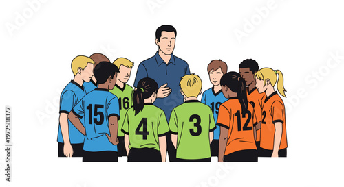 A professional male sports coach provides strategic instructions to a diverse group of young athletes wearing colorful numbered jerseys in a clean illustration.