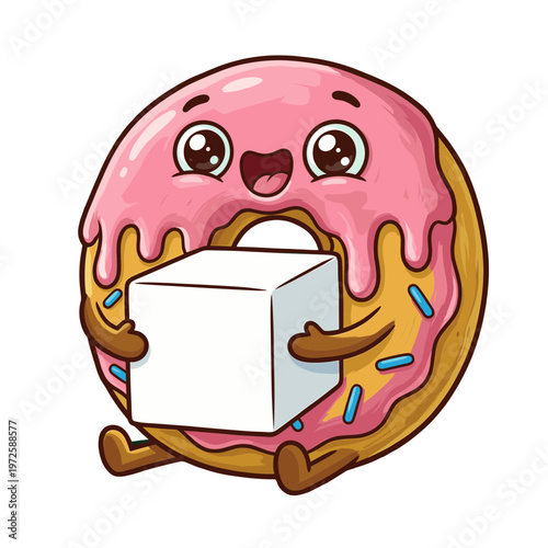Happy Cartoon Donut Character Holding a Large White Sugar Cube, Sweet Dessert Mascot with Pink Frosting and Blue Sprinkles Vector Illustration Art