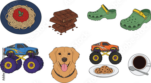 Vector Graphic Illustration Set Featuring Italian Spaghetti, Melting Chocolate Bars, Green Clog Shoes, Monster Trucks, Golden Retriever Dog, and Coffee with Cookies