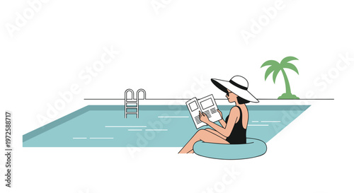 A stylish woman wearing a black swimsuit and elegant white sun hat relaxes in a teal pool float while reading a magazine by the calm blue water.