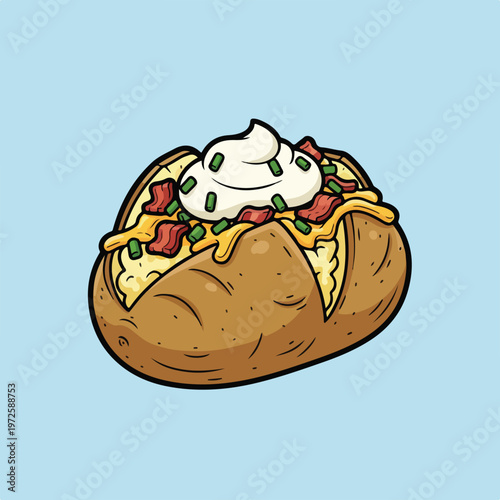 A vibrant cartoon vector of a delicious baked potato overflowing with melted cheese, crispy bacon, sour cream, and chopped green chives.