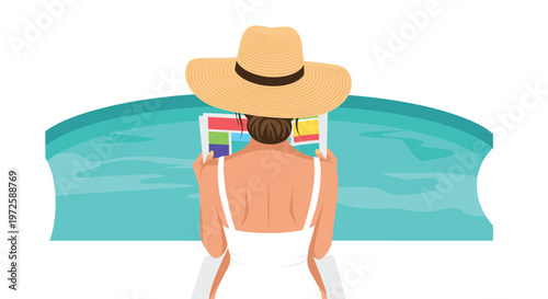 A serene back-view illustration depicts a woman in a white swimsuit and wide straw hat holding a colorful magazine while overlooking a turquoise swimming pool.