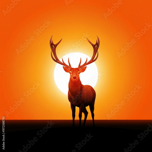 A majestic wild stag with large antlers is depicted as a vector silhouette against a glowing sunset in a nature forest illustration of a wildlife animal