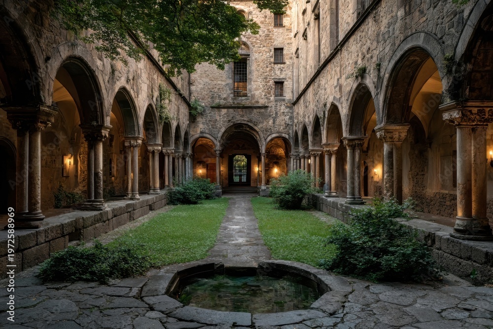 Naklejka premium Exploring an ancient courtyard in a historic building