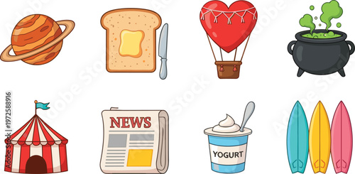 Vector Icon Collection Featuring Planet Saturn, Buttered Toast, Heart Hot Air Balloon, Witches Cauldron, Circus Tent, Newspaper, Yogurt, and Surfboards