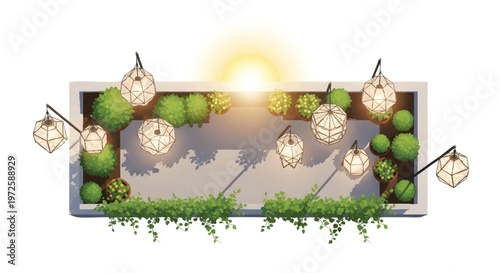 overhead view of outdoor patio with hanging lights and greenery