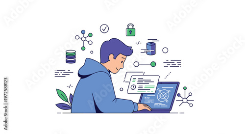 A focused young man wearing a blue hoodie operates a laptop computer while surrounded by various floating digital icons and colorful geometric shapes.