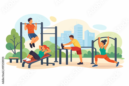 People Training at Outdoor Urban Gym in Public Park