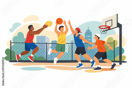 Diverse Young Men Playing Basketball on Urban Outdoor Court