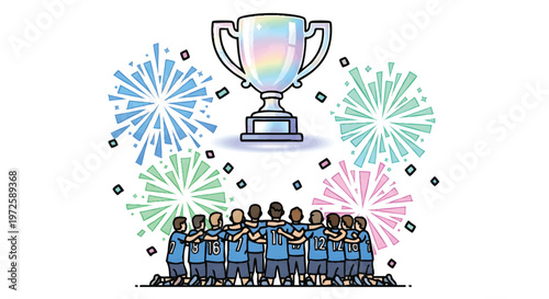 team celebrating victory with trophy and fireworks