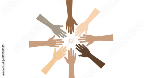 Ten diverse hands with varying skin tones reach inward toward a central golden star symbol to create a circular pattern on a clean white background.