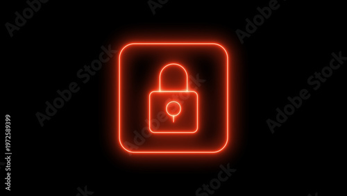 Photos Glowing orange neon lock icon animation on a black background, digital security,