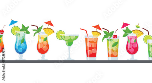 An array of meticulously detailed tropical cocktails adorned with fresh mint and fruit garnishes rests on a dark shelf against a pristine white background.