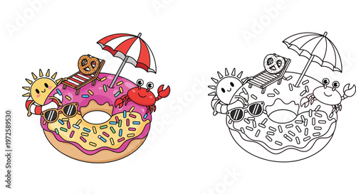 Kawaii Summer Beach Donut Coloring Page with Sun Crab and Pretzel Illustration for Kids Creative Activities