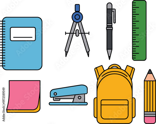 Set of school stationery and office supplies vector illustration including backpack notebook compass pen ruler stapler and pencil isolated on white background for education and student concept