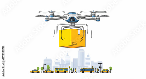 Drone delivering package over cityscape with vehicles