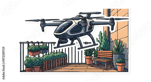 Drone flying over a backyard patio with plants and furniture