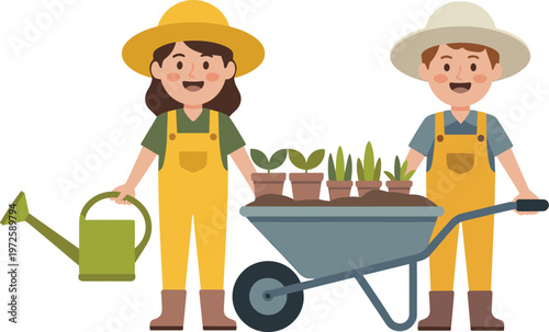 Two happy young gardeners or farmers wearing yellow overalls and hats with watering can wheelbarrow and potted plants vector illustration.