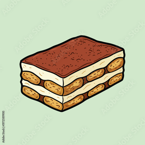 A hand-drawn vector illustration of a delicious layered tiramisu cake with creamy filling and cocoa powder on a green background.