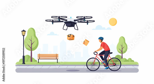 Man riding bicycle with drone delivering food package overhead