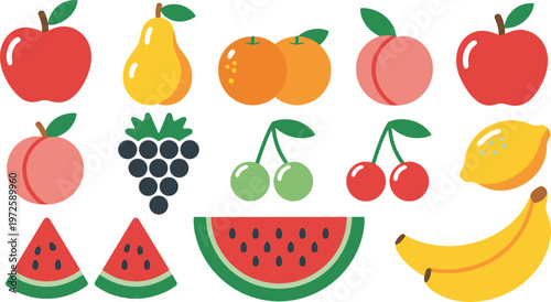 Large set of fresh organic fruits including apple pear orange peach grape cherry lemon watermelon and banana isolated flat vector illustration design.