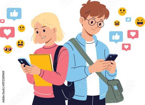 Young students using smartphones with social media icons likes hearts and emojis surrounding them for digital communication concept vector illustration.