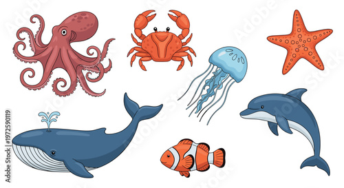 Playful group of large cartoon sea animals including a smiling octopus and a leaping dolphin set against a stark white background for children to enjoy.