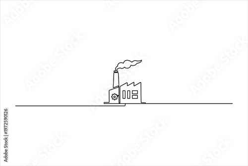 Minimalist continuous one-line drawing of a factory building with a gear and smoke, symbolizing industrial production and Labor Day.