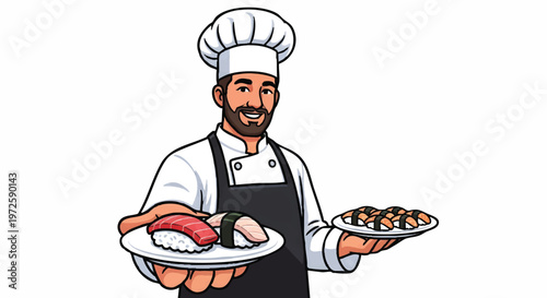 Smiling chef holding plates of sushi and food