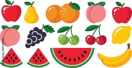 Large set of fresh organic fruits including apple pear orange peach grape cherry lemon watermelon and banana isolated flat vector illustration design.