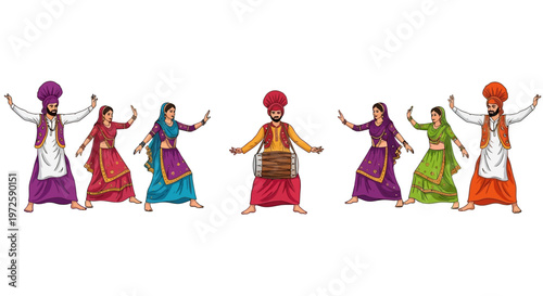 Traditional Indian dancers in colorful outfits performing folk dance.