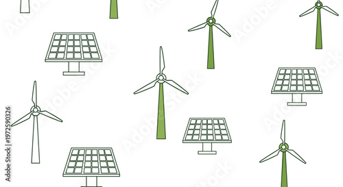 Seamless pattern of green and white renewable energy icons including wind turbines and solar panels scattered across a pristine white background area.