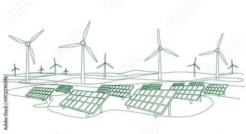 Meticulous green line drawing of a sustainable energy landscape featuring rows of solar panels and towering wind turbines on a white background for power.