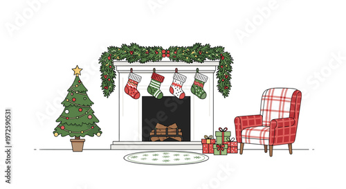 Charming indoor Christmas scene featuring a white fireplace with hanging stockings and a festive tree beside a cozy red plaid armchair for holidays.