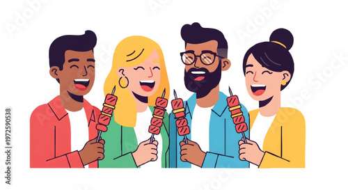 Diverse group of friends enjoying colorful skewers together outdoors
