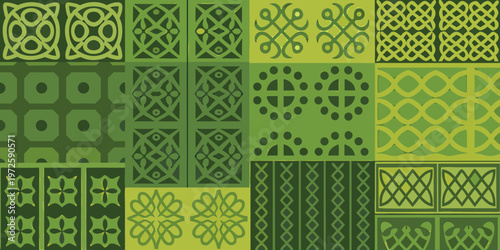 A patchwork of geometric green patterns in a grid arrangement