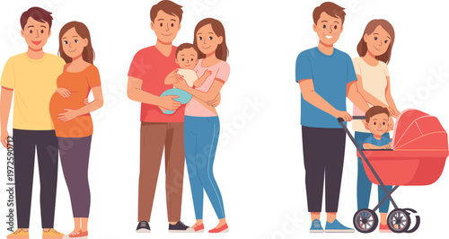 Happy young family stages set with pregnant woman newborn baby and couple walking with red stroller isolated flat vector illustration design.