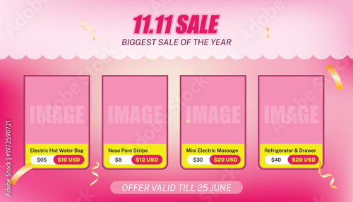 11.11 sale banner design for beauty campaign landing page. Elegant promotional template perfect for cosmetics, skincare, makeup brands, and online shopping sale events.