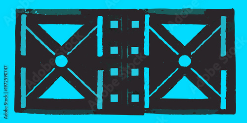 Abstract geometric pattern with dark shapes on a bright turquoise background