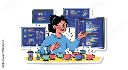 Woman coding with coffee and snacks at desk with multiple computer screens